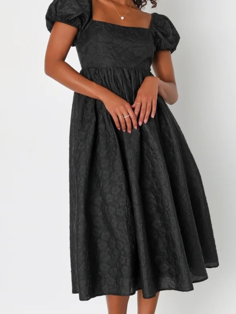 Lulu's Black Puff-Sleeve Square-Neck Jacquard Midi Dress Size Xl .